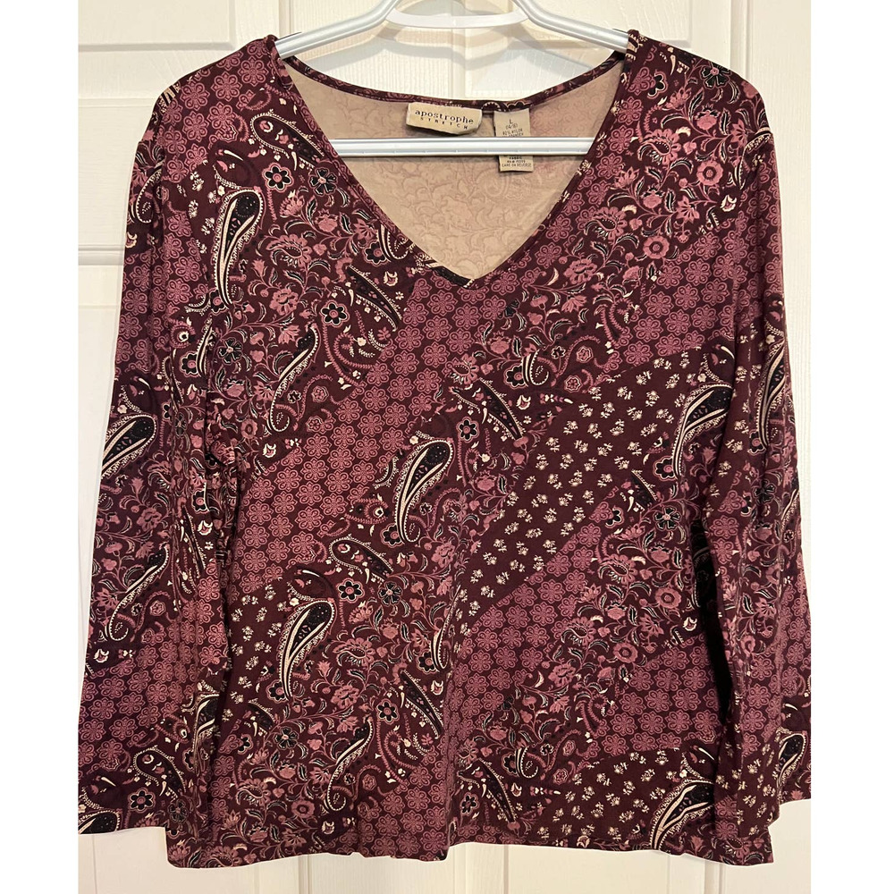 Apostrophe Women's Stretch Purple Paisley Top Long Sleeve Size L 14/16